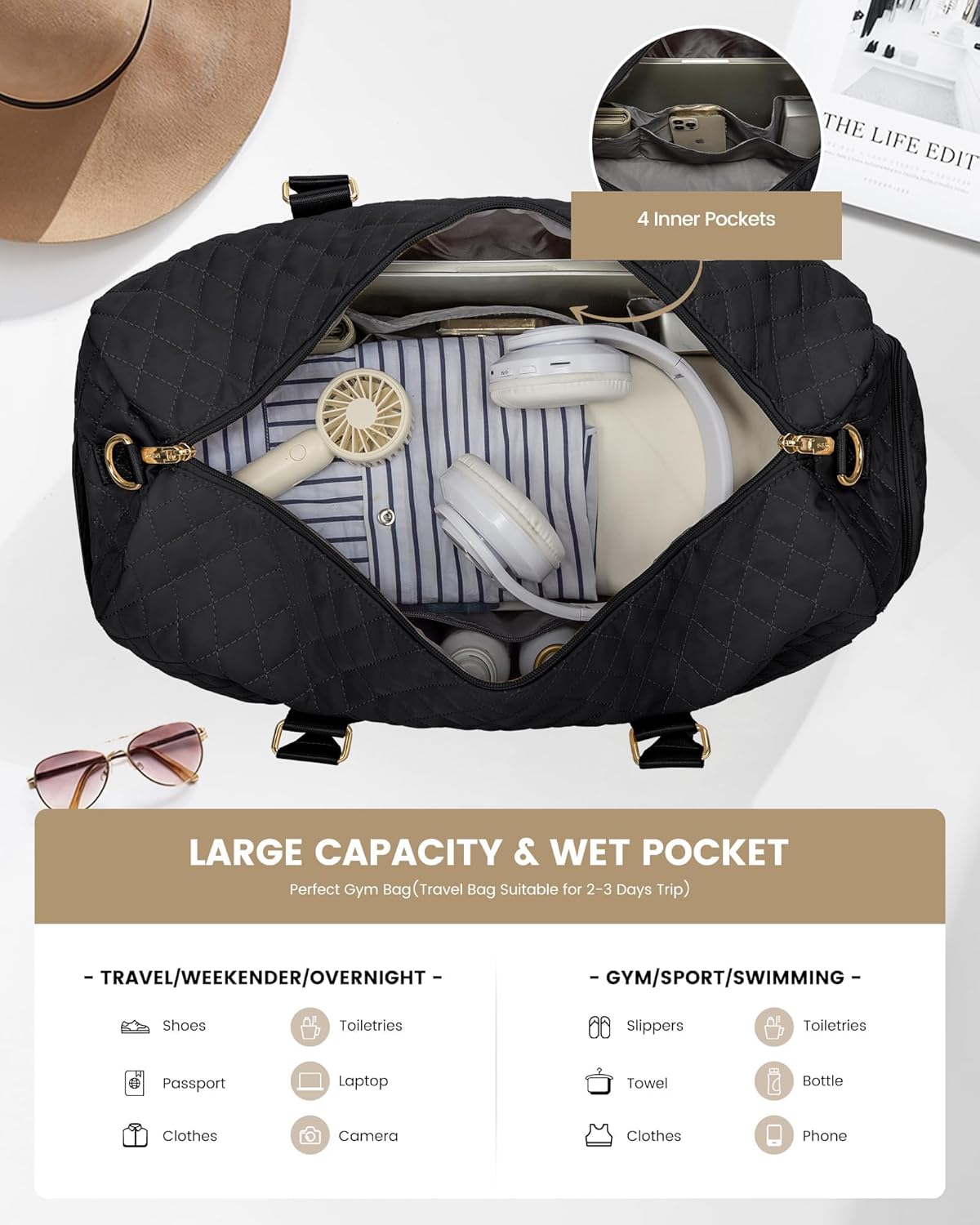 LOVEVOOK Duffel Bag 21x10x13 inch Quilted Nylon with Shoe