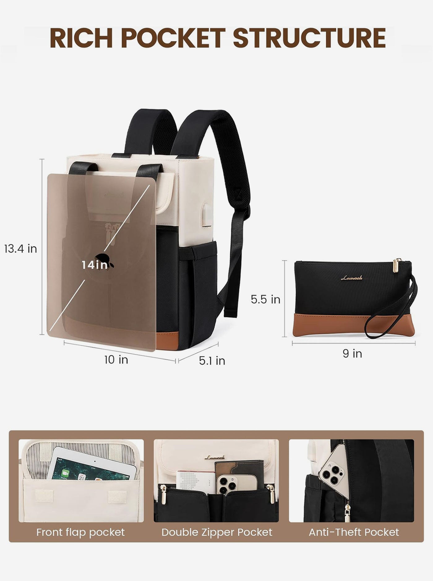 LOVEVOOK Choco Ⅰ School Backpack 14 Inch Laptop Compartment USB Port