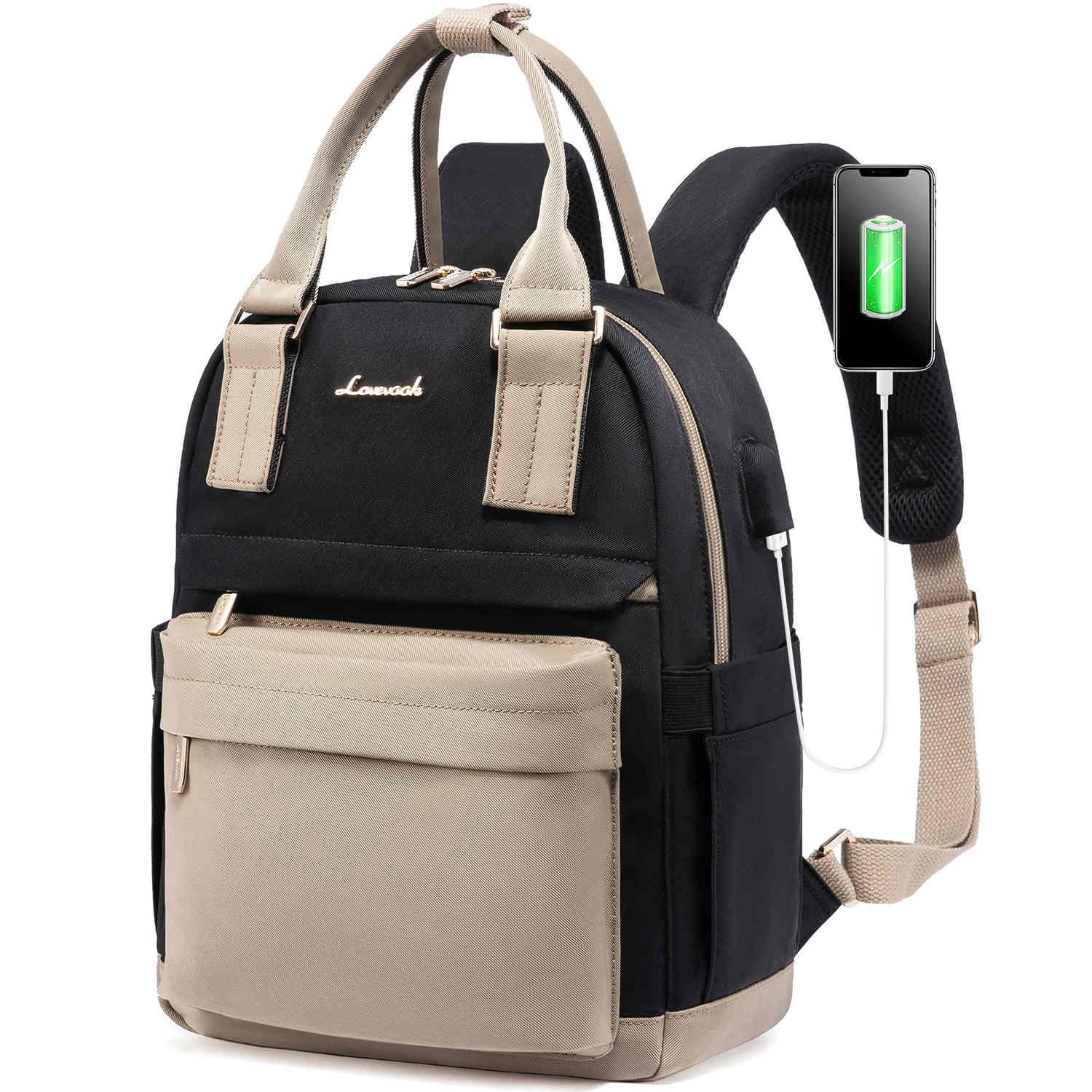 backpack womens laptop LOVEVOOK Mini School Backpack for Women Girls 11" Laptop Compatible Water-Resistant Polyester USB Port, Black & Khaki