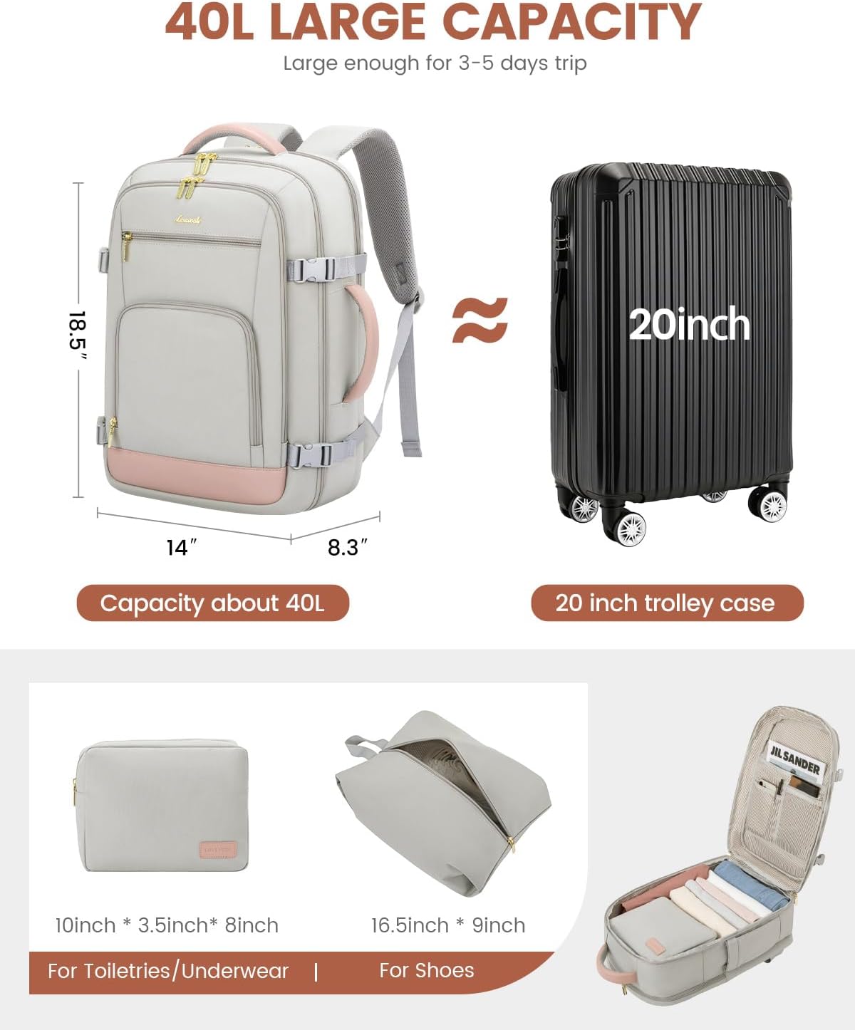 LOVEVOOK Large Carry on Travel Backpack, 40L/50L with 2/3 Packing