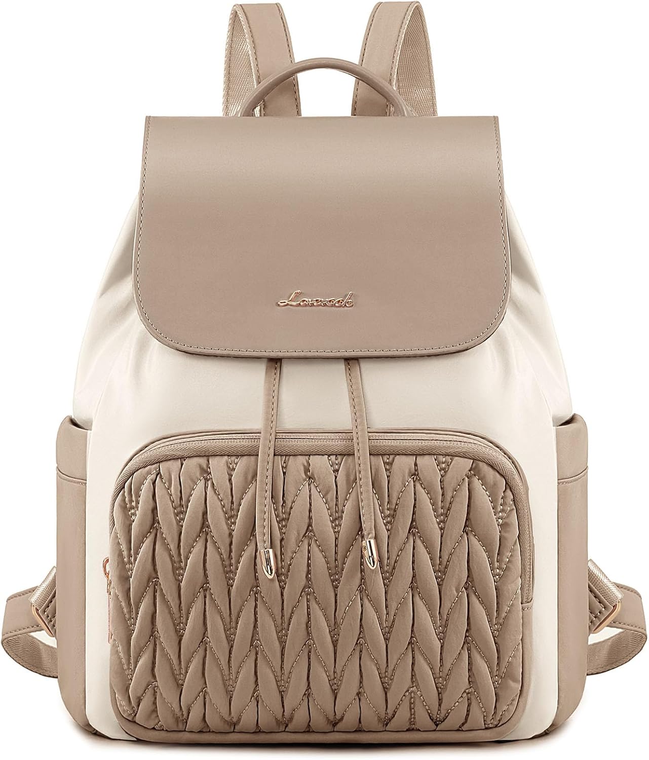 LOVEVOOK Mini Backpack for Women 13in Quilted Water-Resistant Polyester, White & Khaki