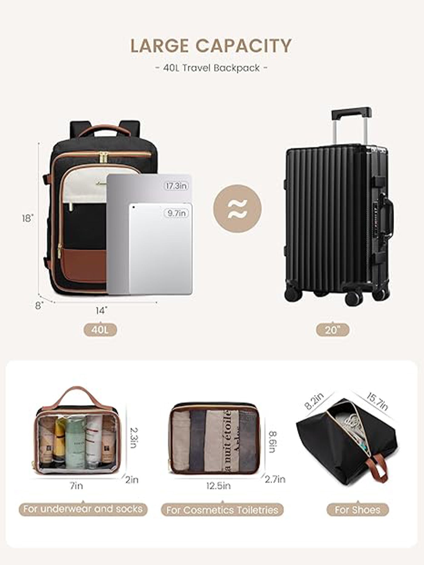 4Pcs Travel Backpack Bag 40L/50L