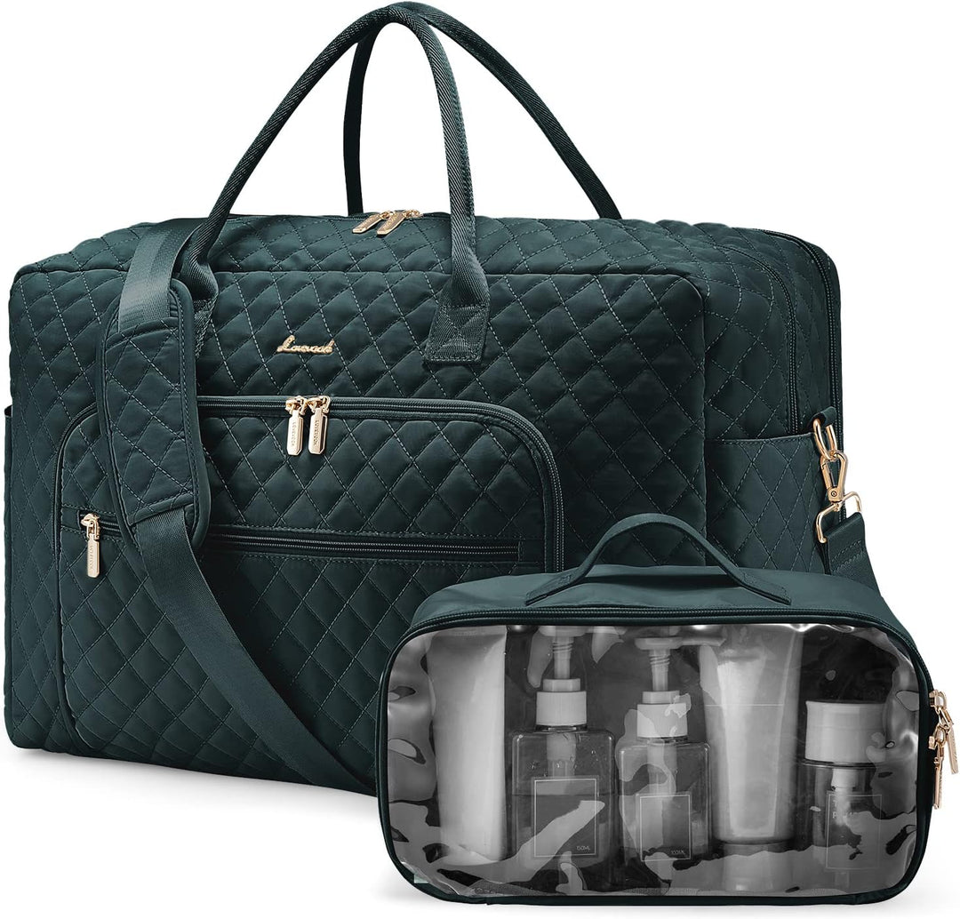 LOVEVOOK Quilted Weekender Bag with 17" Laptop compartment, Toiletry Bag & Shoes Bag