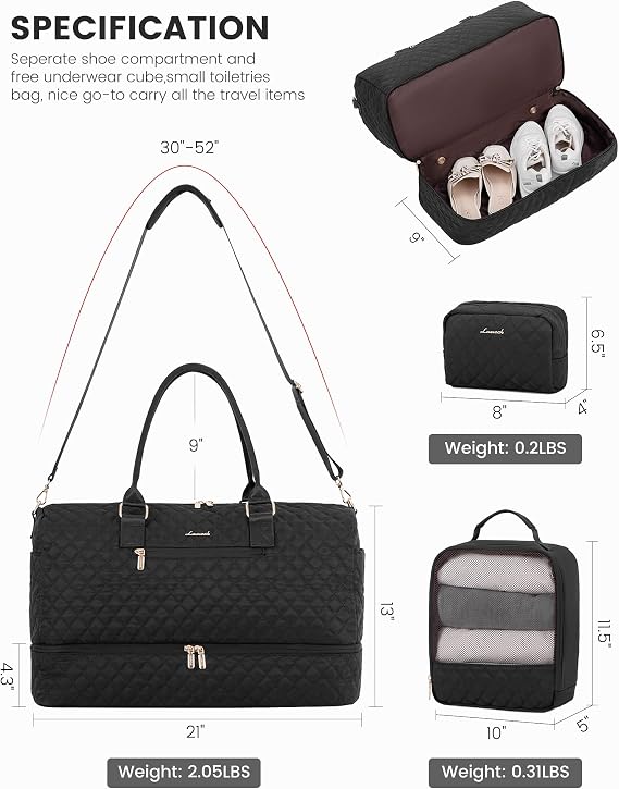 LOVEVOOK Travel Duffle Bag for Women, Weekender Overnight Bag with Shoe Compartment, Carry on Bag with Toiletry Bag, Gym Duffel Bag with Wet Pocket, Hospital Bags for Labor and Delivery 3 Pcs Set