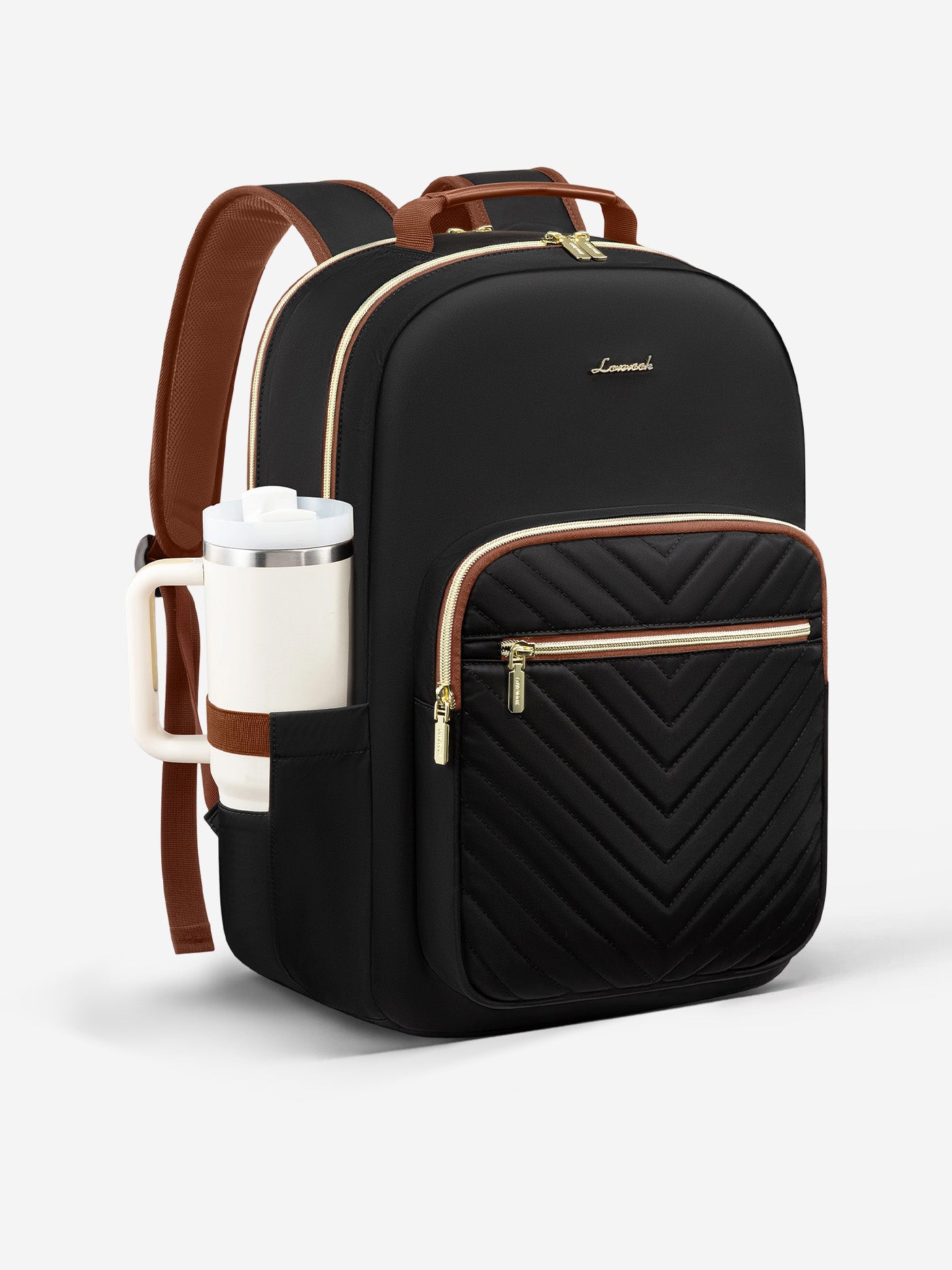 LOVEVOOK Laptop Backpack with Tumbler Holder, Fits 15.6–18.4 Inch, 16 Pockets, Water-Resistant, 15.6 Inch with Tumbler Holder / Black & Brown