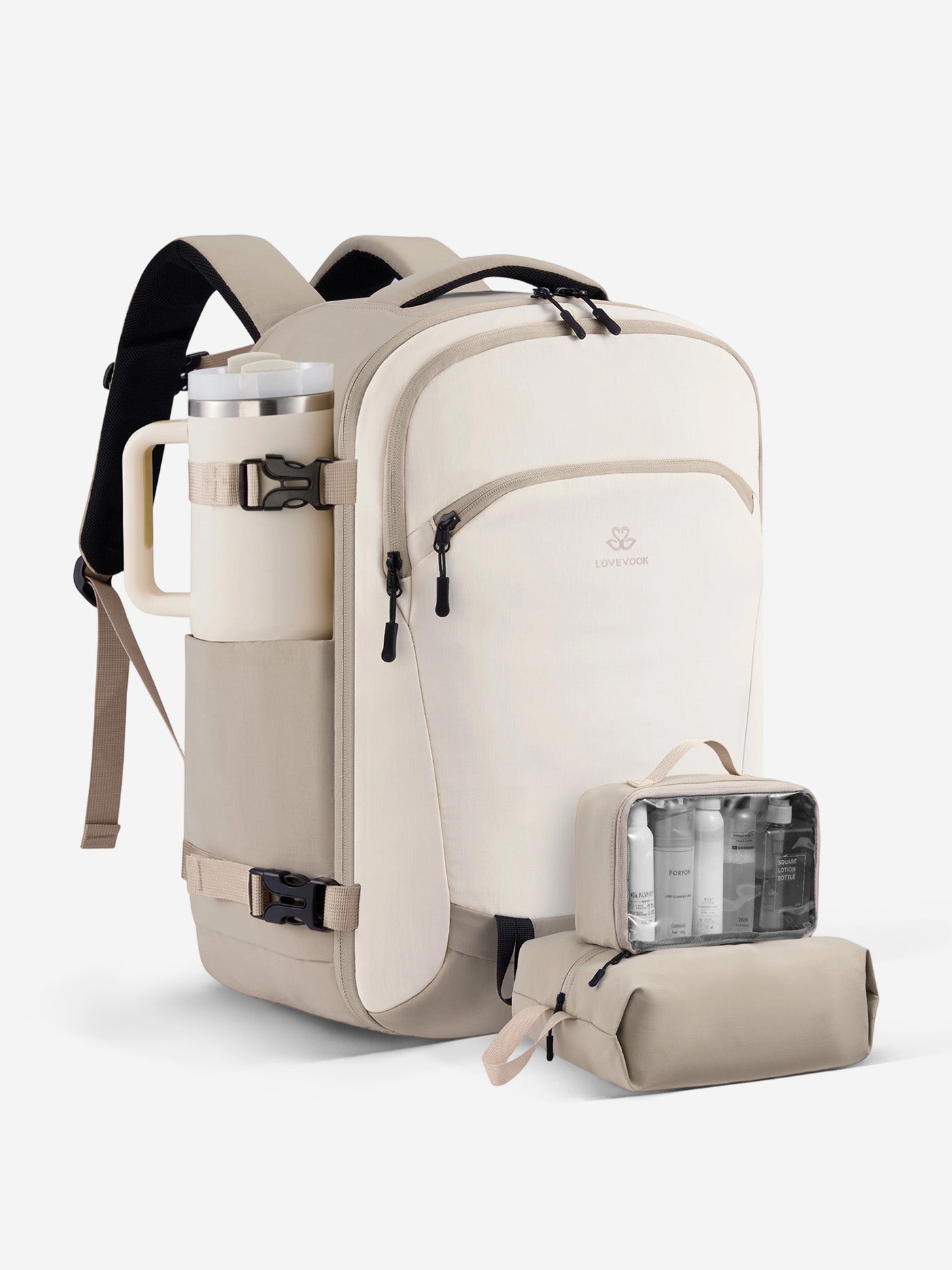 LOVEVOOK Travel Backpack 40L-50L, Fits 17.3 Inch Laptops, Airline-Approved and TSA-Friendly, White & Khaki / 40L