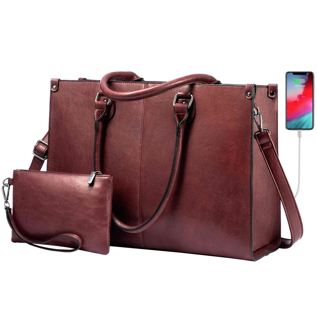LOVEVOOK Vintage Leather Laptop Bag for Women, with wristlet, Fit 15.6 inch