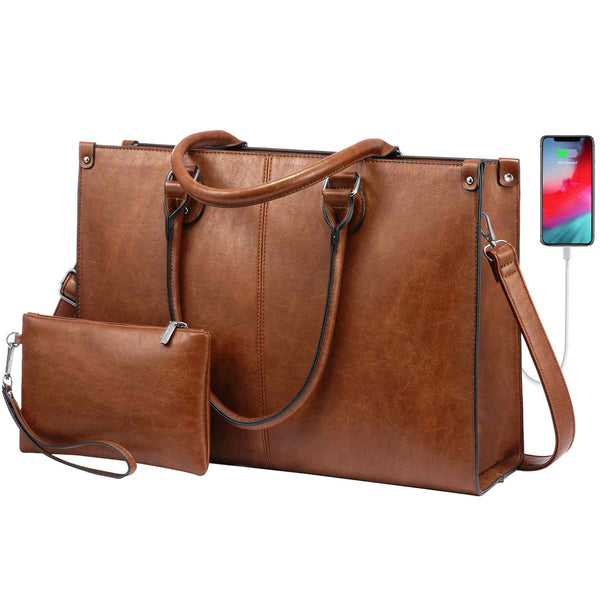 LOVEVOOK Vintage Leather Laptop Bag for Women, with wristlet, Fit 15.6 inch