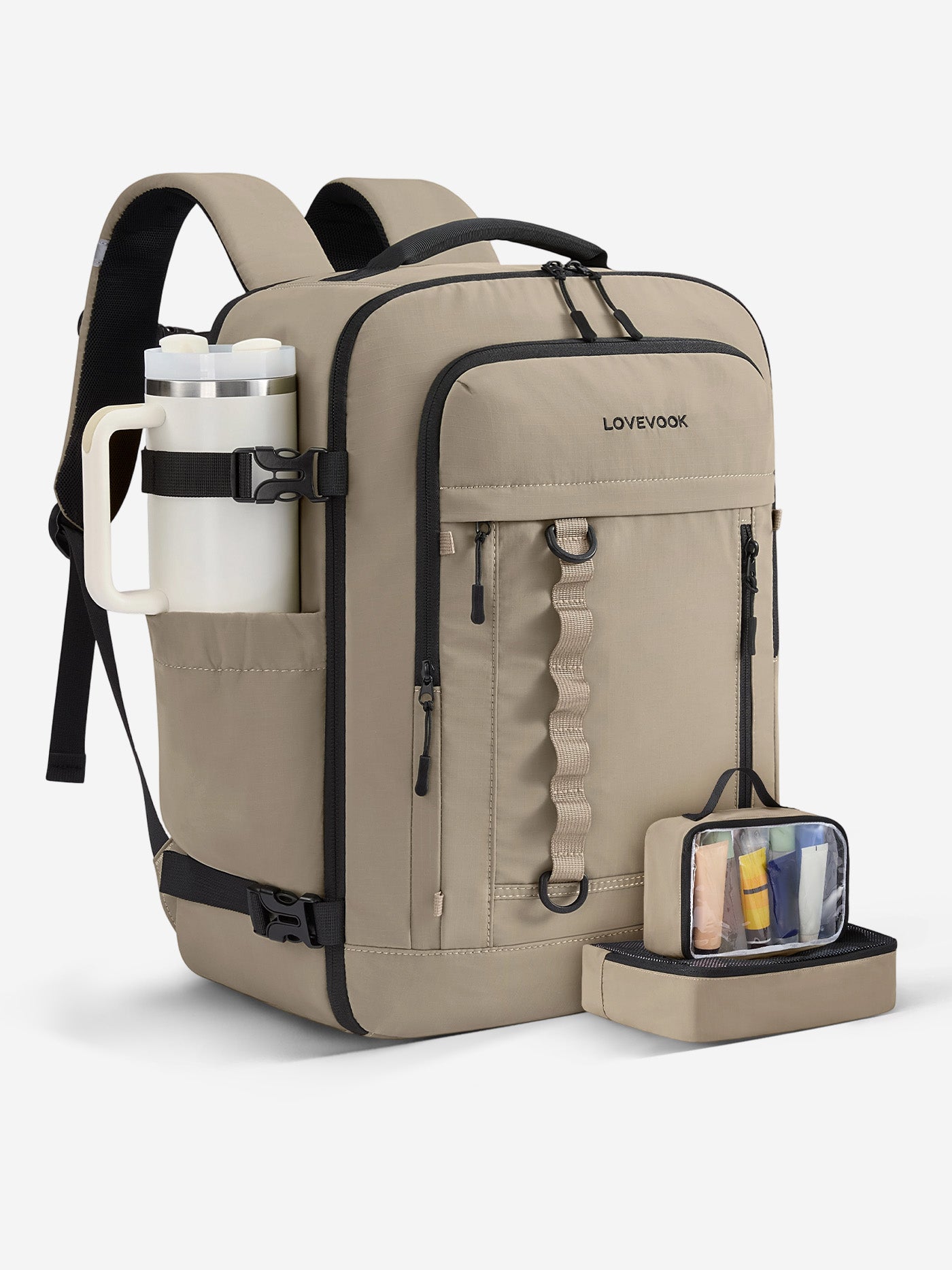 40l backpack carry on with lay flat laptop tsa friendly LOVEVOOK Travel Backpack 40L-50L, Fits 17-18 Inch Laptops, TSA-Friendly with 3 Packing Cubes, Khaki / 40L