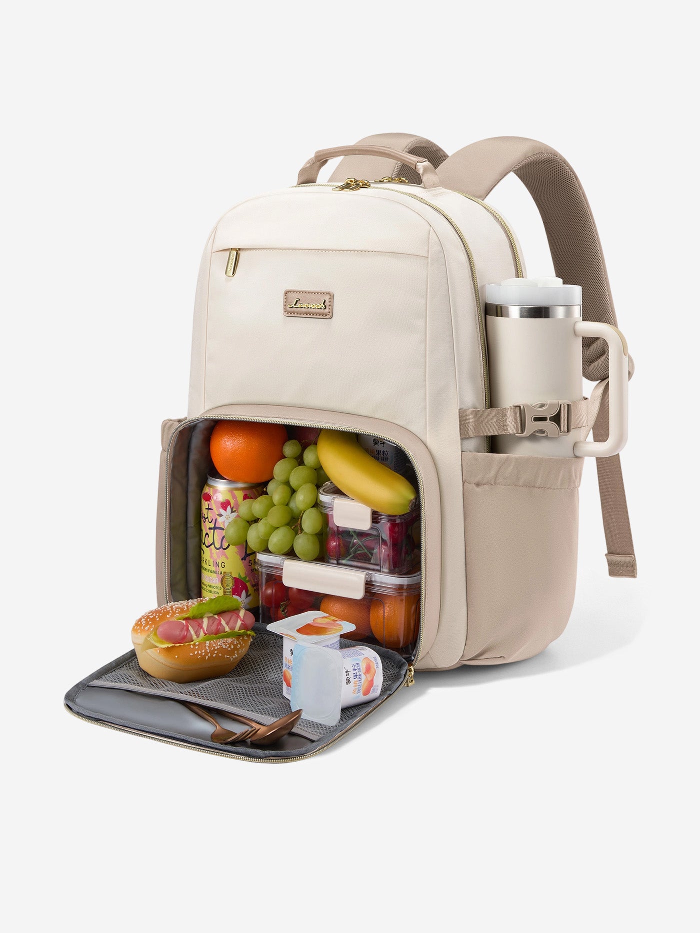 LOVEVOOK Lunch Laptop Backpack, Fits 15.6-17.3 Inch, with Insulated Lunch Compartment & Large Cup Pocket, 17.3 Inch / White & Khaki