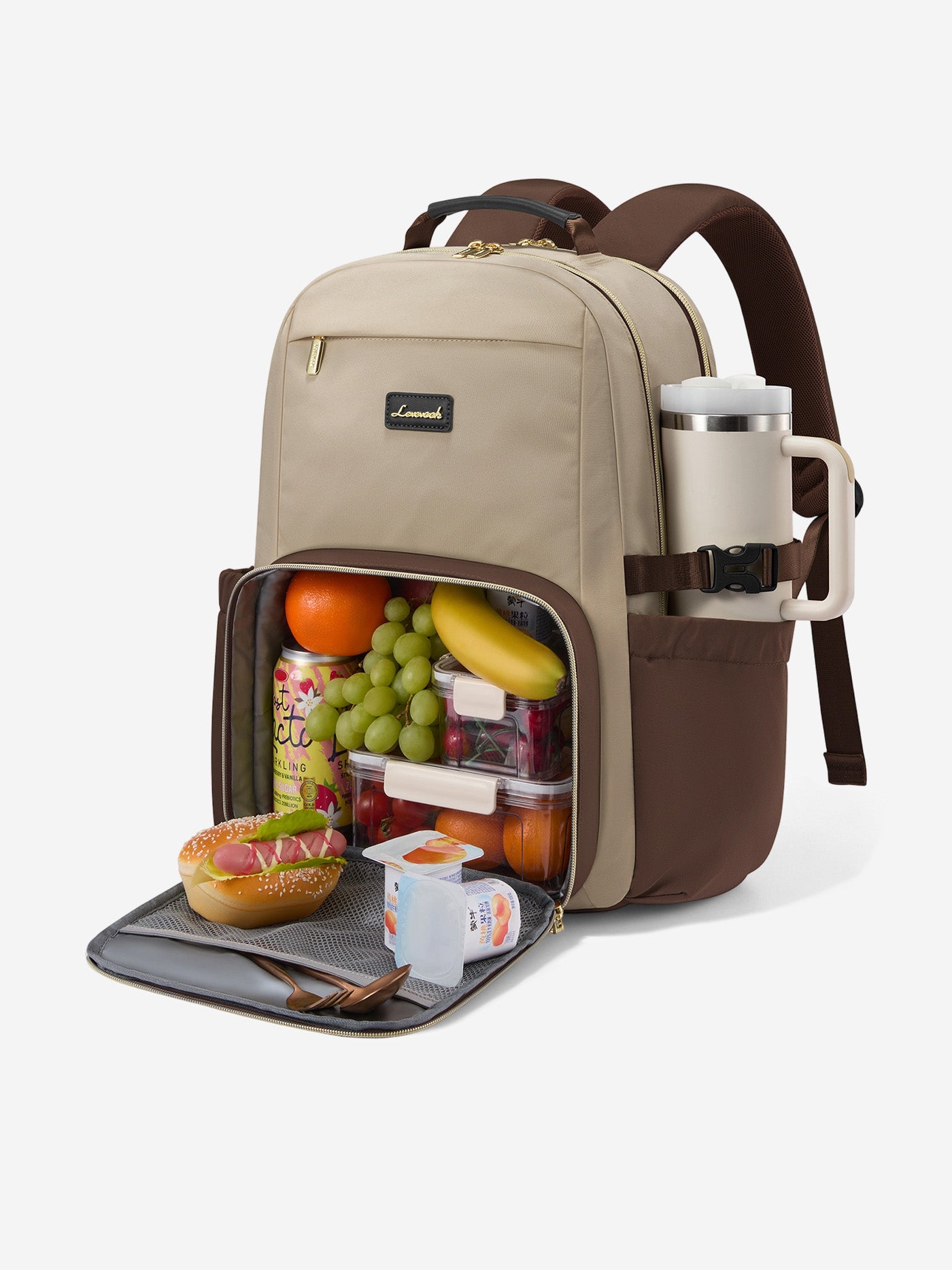 LOVEVOOK Lunch Laptop Backpack, Fits 15.6-17.3 Inch, with Insulated Lunch Compartment & Large Cup Pocket, 17.3 Inch / White & Khaki