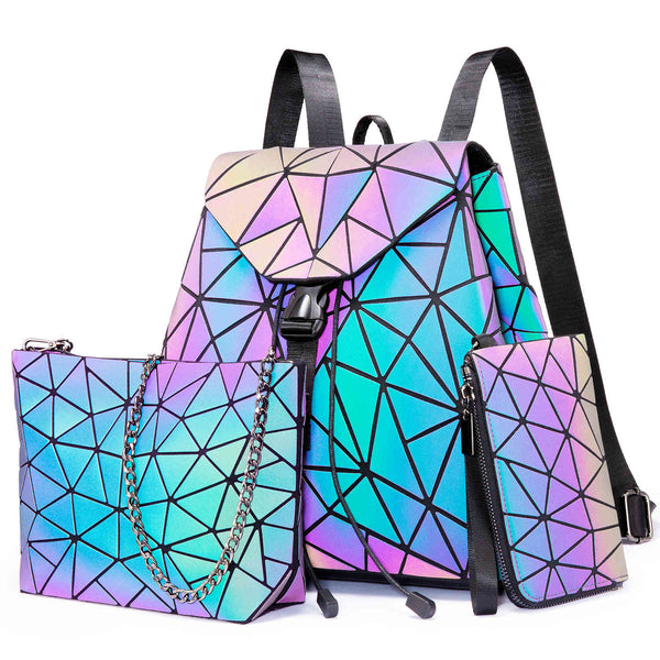 LOVEVOOK 3Pcs Geometric Luminous Backpack Set iridescent - Lovevook