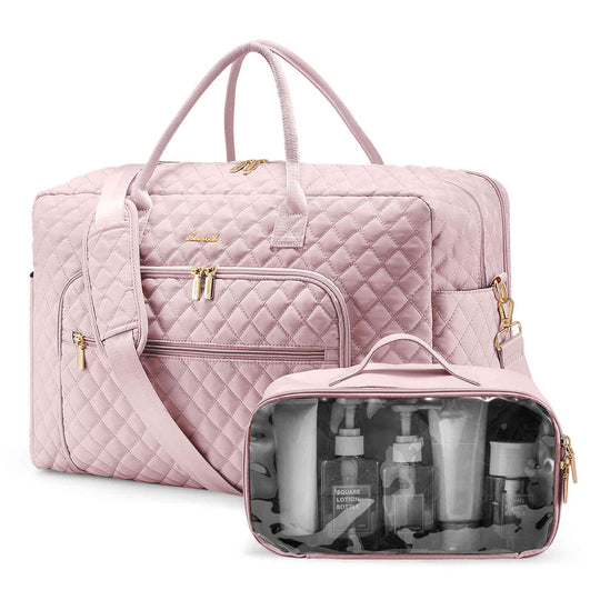 LOVEVOOK Quilted Weekender Bag with 17" Laptop compartment, Toiletry Bag & Shoes Bag