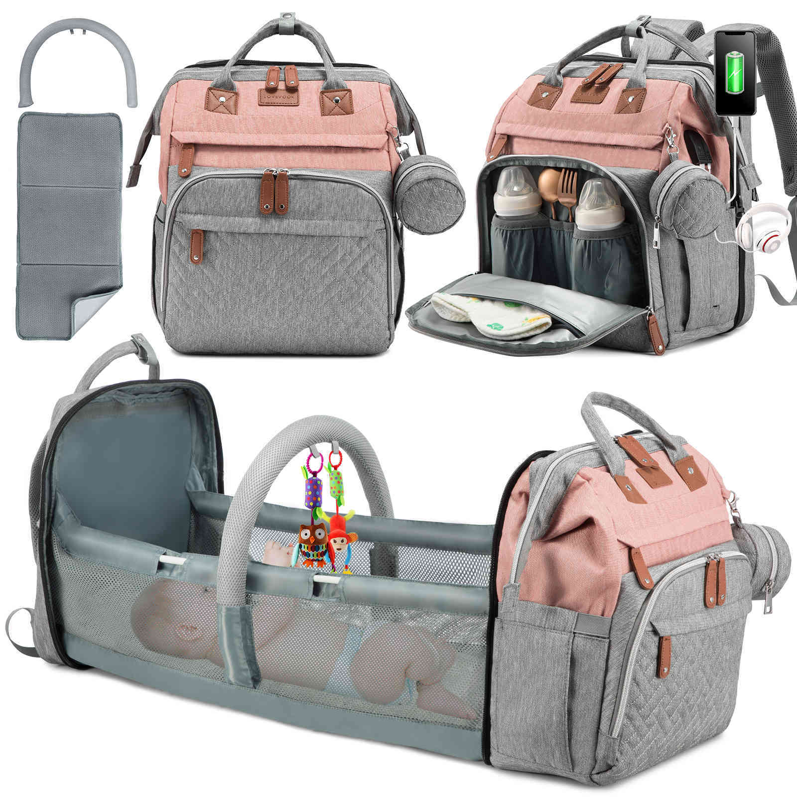 LOVEVOOK 5 in 1 Diaper Bag with Curtain, Changing Station, Changing Pa