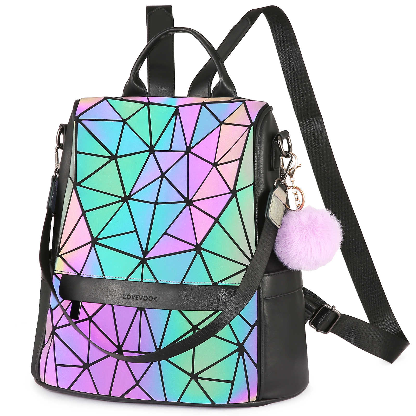 LOVEVOOK Geometric Luminous Fashion Backpack for Women, Extra Strap, Fluff Ball accessory iridescent - Lovevook