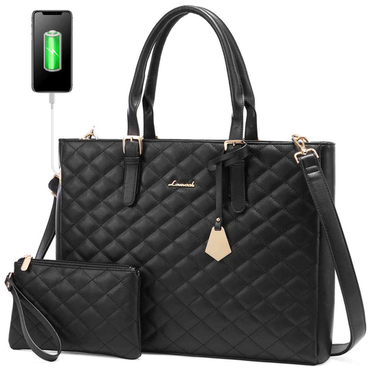 LOVEVOOK 2-Piece Laptop Bag for Women, with Wristlet, Quilted Design, Fit 15.6 inch - Lovevook